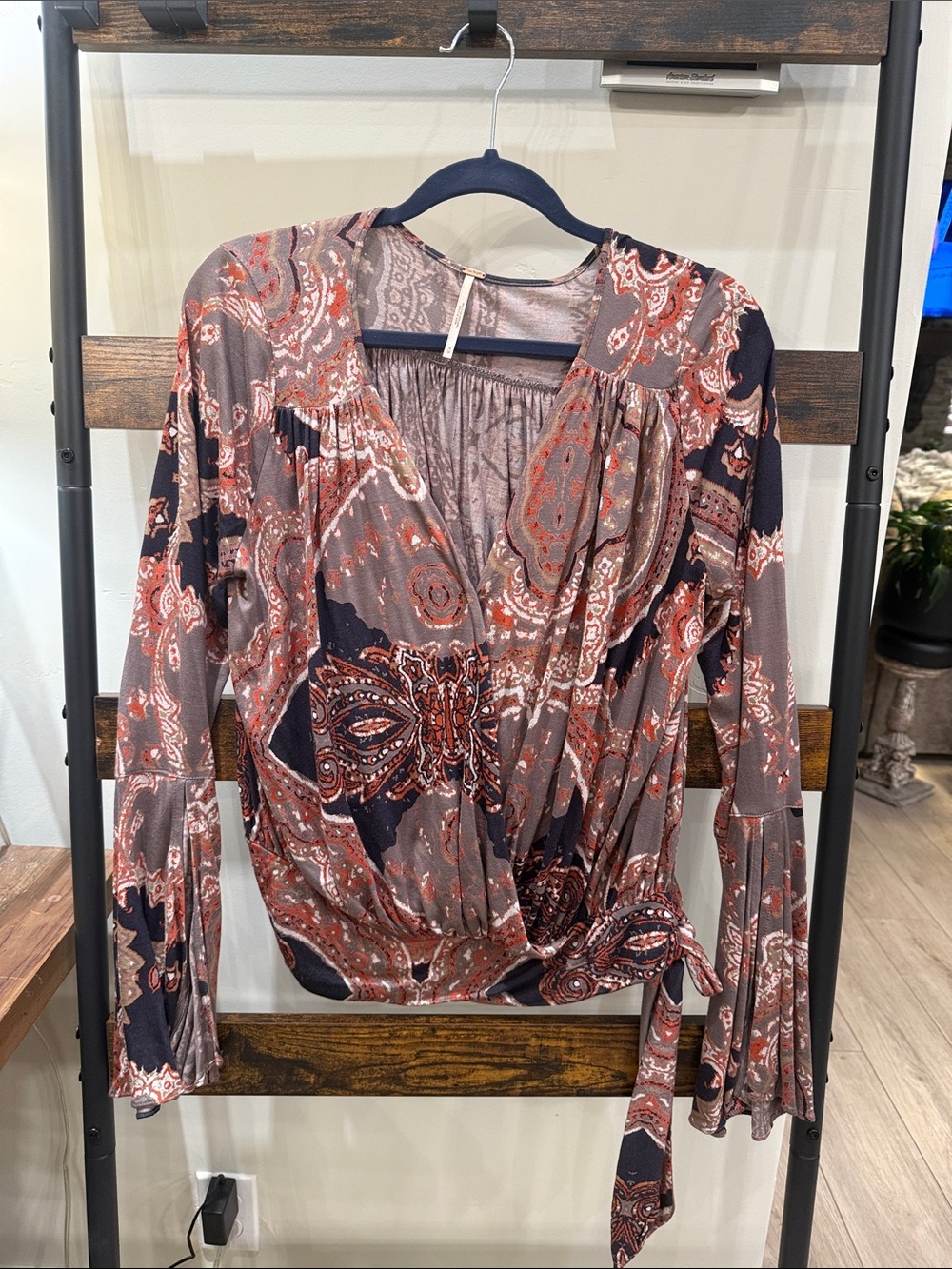 Free People Rust and Black Paisley Wrap Blouse